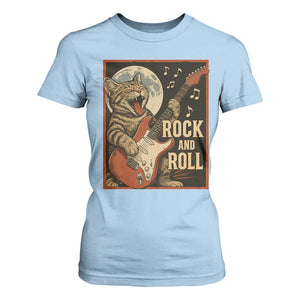 Funny Rock And Roll T Shirt For Women Cat Playing Electric Guitar Music Lover TS12 Light Blue Print Your Wear
