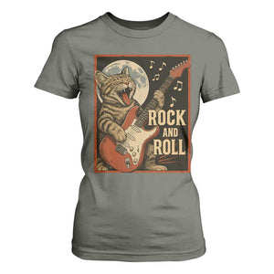 Funny Rock And Roll T Shirt For Women Cat Playing Electric Guitar Music Lover TS12 Military Green Print Your Wear