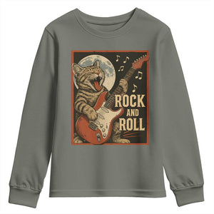 Funny Rock And Roll Youth Sweatshirt Cat Playing Electric Guitar Music Lover TS12 Military Green Print Your Wear