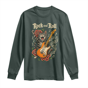 Funny Rock Star Cat Playing Electric Guitar Long Sleeve Shirt Music Lover TS12 Dark Forest Green Print Your Wear