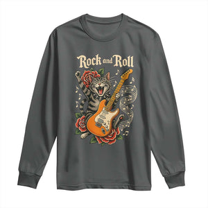Funny Rock Star Cat Playing Electric Guitar Long Sleeve Shirt Music Lover TS12 Dark Heather Print Your Wear