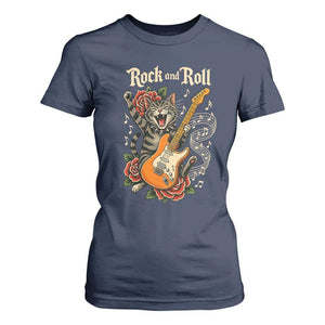 Funny Rock Star Cat Playing Electric Guitar T Shirt For Women Music Lover TS12 Navy Print Your Wear