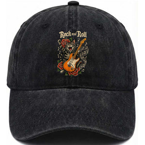 Funny Rock Star Cat Playing Electric Guitar Washed Cotton Baseball Cap Music Lover TS12 Print Your Wear