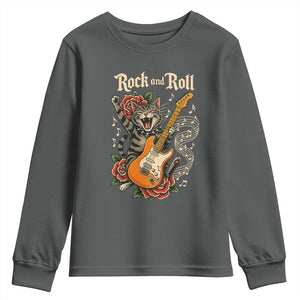 Funny Rock Star Cat Playing Electric Guitar Youth Sweatshirt Music Lover TS12 Dark Heather Print Your Wear