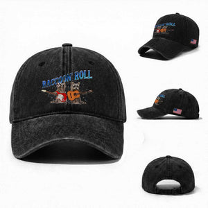 Raccoon Rock And Roll Washed Cotton Baseball Cap Funny Rock Band Playing Guitar Electric Music Lover TS12 Washed Cap Universal Fit Black Print Your Wear