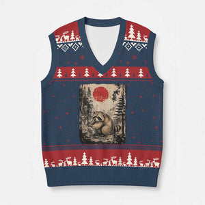 Vintage Japanese Ukiyoe Raccoon V-Neck Knit Sweater Vest Seattle Short Spine Trash Panda