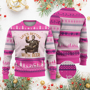 Abraham Lincoln Lifes Better With Beer Ugly Christmas Sweater Funny American President Beer Lover
