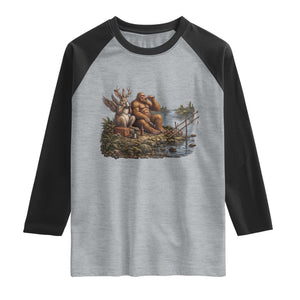 Funny Wolpertinger Bigfoot Fishing Raglan Shirt Beer Drinking Cryptid Fisherman Gift