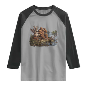 Funny Wolpertinger Bigfoot Fishing Raglan Shirt Beer Drinking Cryptid Fisherman Gift