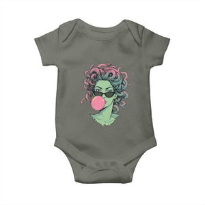 Winking Medusa In Sunglasses Blowing Bubble Gum Baby Onesie Funny Greek Mythology Pop Art