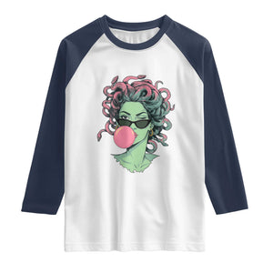 Winking Medusa In Sunglasses Blowing Bubble Gum Raglan Shirt Funny Greek Mythology Pop Art