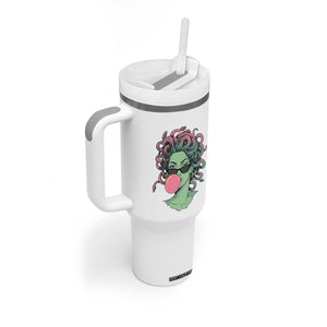 Winking Medusa In Sunglasses Blowing Bubble Gum Tumbler With Handle Funny Greek Mythology Pop Art