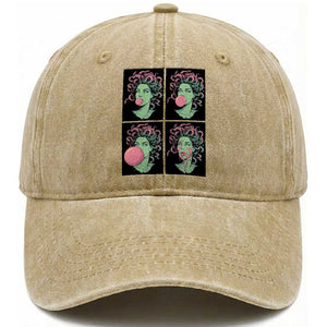 Funny Medusa Blowing Bubble Gum Washed Cotton Baseball Cap Greek Mythology Pop Art Gift