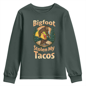 Funny Bigfoot Stole My Tacos Youth Sweatshirt Sasquatch Taco Lover TS12 Dark Forest Green Print Your Wear