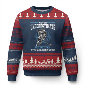 Never Underestimate An Old Man With A Hockey Stick Ugly Christmas Sweater Ice Hockey Gift TS12 Navy Red Print Your Wear
