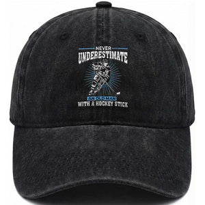 Never Underestimate An Old Man With A Hockey Stick Washed Cotton Baseball Cap Ice Hockey Gift TS12 Print Your Wear