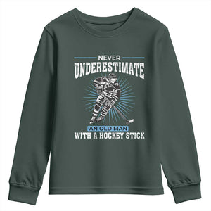 Never Underestimate An Old Man With A Hockey Stick Youth Sweatshirt Ice Hockey Gift TS12 Dark Forest Green Print Your Wear