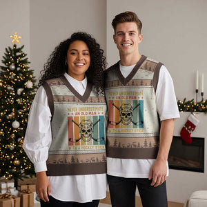 Retro Ice Hockey Player V-Neck Knit Sweater Vest Funny Never Underestimate An Old Man TS12 Mocha Mousse Print Your Wear