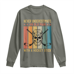 Retro Ice Hockey Player Long Sleeve Shirt Funny Never Underestimate An Old Man TS12 Military Green Print Your Wear