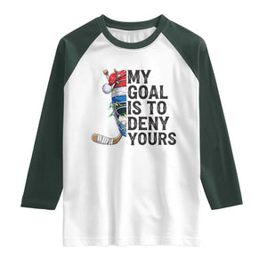 My Goal Is To Deny Yours Raglan Shirt Ice Hockey Helmet Christmas Gift TS12 White Dark Forest Green Print Your Wear