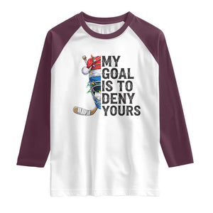 My Goal Is To Deny Yours Raglan Shirt Ice Hockey Helmet Christmas Gift TS12 White Maroon Print Your Wear