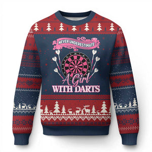 Never Underestimate A Girl Dart Player Gift Idea Ugly Christmas Sweater TS12 Navy Red Print Your Wear