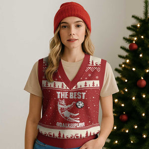 The Best Cat Goalkeeper V-Neck Knit Sweater Vest Soccer Player Gift TS12 Red Beige Print Your Wear