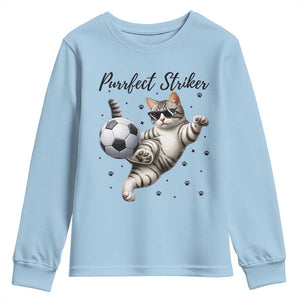 Purrfect Striker Youth Sweatshirt Funny Cat Soccer Player Gift TS12 Light Blue Print Your Wear
