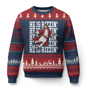 He Is Rizzin Ugly Christmas Sweater Funny Christian Soccer Lover Gift TS12 Navy Red Print Your Wear