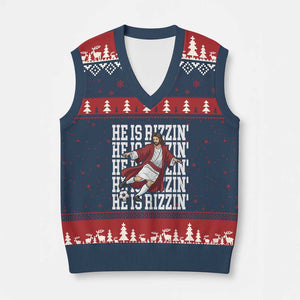 He Is Rizzin V-Neck Knit Sweater Vest Funny Christian Soccer Lover Gift TS12 Navy Red Print Your Wear