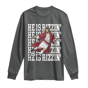 He Is Rizzin Long Sleeve Shirt Funny Christian Soccer Lover Gift TS12 Dark Heather Print Your Wear