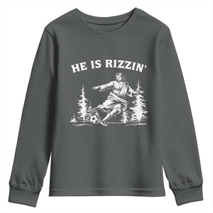 He Is Rizzin Youth Sweatshirt Christian Soccer Funny Gift For Believers TS12 Dark Heather Print Your Wear