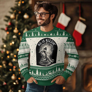 He Is Rizzin Ugly Christmas Sweater Funny Christian Faith Soccer Player Gift TS12 Beige Green Print Your Wear