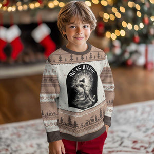 He Is Rizzin Ugly Christmas Sweater Funny Christian Faith Soccer Player Gift TS12 Mocha Mousse Print Your Wear