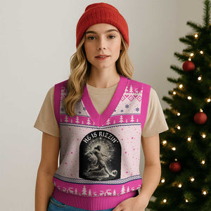He Is Rizzin V-Neck Knit Sweater Vest Funny Christian Faith Soccer Player Gift TS12 Hot Pink Print Your Wear