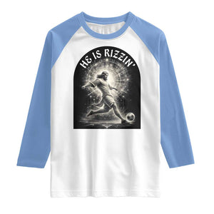 He Is Rizzin Raglan Shirt Funny Christian Faith Soccer Player Gift TS12 White Carolina Blue Print Your Wear