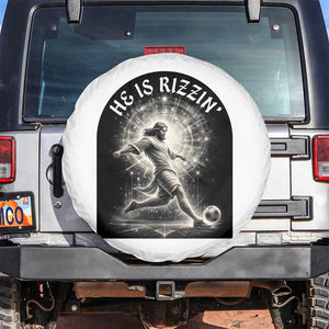 He Is Rizzin Spare Tire Cover Funny Christian Faith Soccer Player Gift TS12 No hole White Print Your Wear