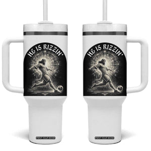 He Is Rizzin Tumbler With Handle Funny Christian Faith Soccer Player Gift TS12 One Size: 40 oz White Print Your Wear