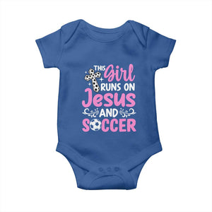 This Girl Runs On Jesus And Soccer Baby Onesie Christian Soccer Mom TS12 Royal Blue Print Your Wear