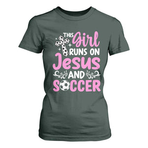 This Girl Runs On Jesus And Soccer T Shirt For Women Christian Soccer Mom TS12 Dark Forest Green Print Your Wear