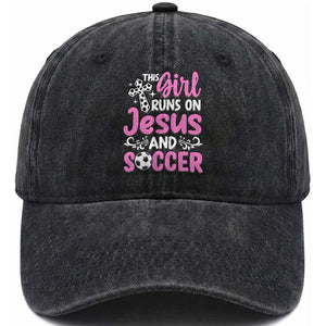 This Girl Runs On Jesus And Soccer Washed Cotton Baseball Cap Christian Soccer Mom TS12 Print Your Wear
