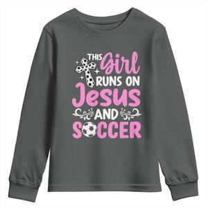 This Girl Runs On Jesus And Soccer Youth Sweatshirt Christian Soccer Mom TS12 Dark Heather Print Your Wear