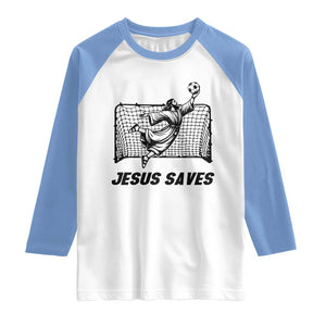 Jesus Saves Raglan Shirt Funny Christian Soccer Goalie TS12 White Carolina Blue Print Your Wear