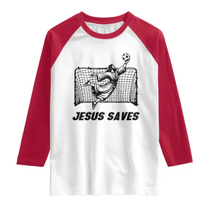 Jesus Saves Raglan Shirt Funny Christian Soccer Goalie TS12 White Red Print Your Wear