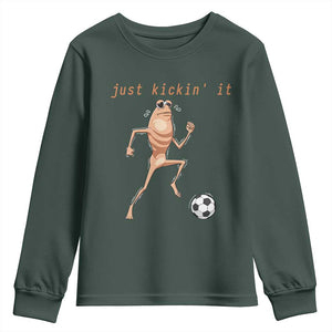 Just Kickin It Youth Sweatshirt Funny Marcus The Worm Soccer Meme TS12 Dark Forest Green Print Your Wear