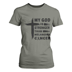 My God Is Stronger Than Melanoma T Shirt For Women Christian Cancer Support TS12 Military Green Print Your Wear