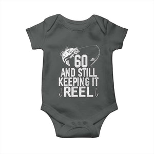 Personalized 60th Birthday Fishing Baby Onesie Custom Number Bday Still Keeping It Reel TS12 Dark Heather Print Your Wear