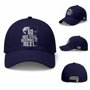 Personalized 60th Birthday Fishing Baseball Cap Custom Number Bday Still Keeping It Reel TS12 Baseball Cap Universal Fit Dark Blue Print Your Wear