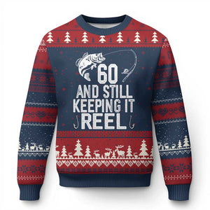 Personalized 60th Birthday Fishing Ugly Christmas Sweater Custom Number Bday Still Keeping It Reel TS12 Navy Red Print Your Wear
