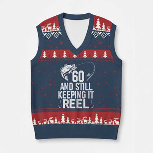 Personalized 60th Birthday Fishing V-Neck Knit Sweater Vest Custom Number Bday Still Keeping It Reel TS12 Navy Red Print Your Wear